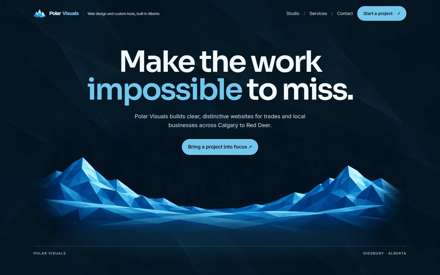 Polar Visuals homepage concept in a browser frame: a dark glacier scene under the headline Make the work impossible to miss.